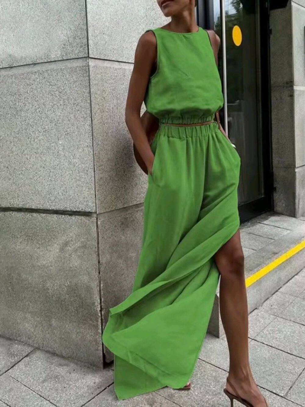 Casual Women's Vest and Slit Pants Two-Piece Set Cotton and Linen Solid Color Pa